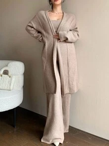 DAZY 3pcs Women Solid Color Minimalist Shawl Cardigan, Camisole, And Pants Knit Sweater Set - Khaki - View 2