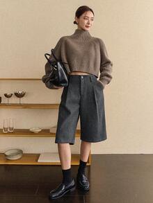 Dazy-Less Women's Casual Knitted Blend Bermuda Shorts, Autumn/Winter Business Casual Woman - Grey - View 4