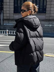 DAZY Jaket Wanita Model Fleece Tebal Longgar Warna Polos dengan Tudung untuk Musim Gugur/Musim Dingin - Hitam - View 2