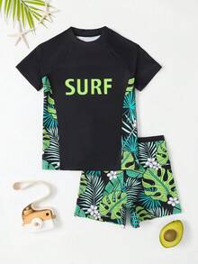 Tween Boy Tropical Print & Letter Graphic Raglan Sleeve Swimsuit Boys Big Kids (8-14 Years) 2-Piece Swim Set: Short Sleeve "SURF" Neon Green Rash Guard T-Shirt & Tropical Leaf Print Beach Shorts Quick Dry UPF 50+ Swim Trunks For Beach Surfing Boys Outfit Sets - Multicolor - View 3