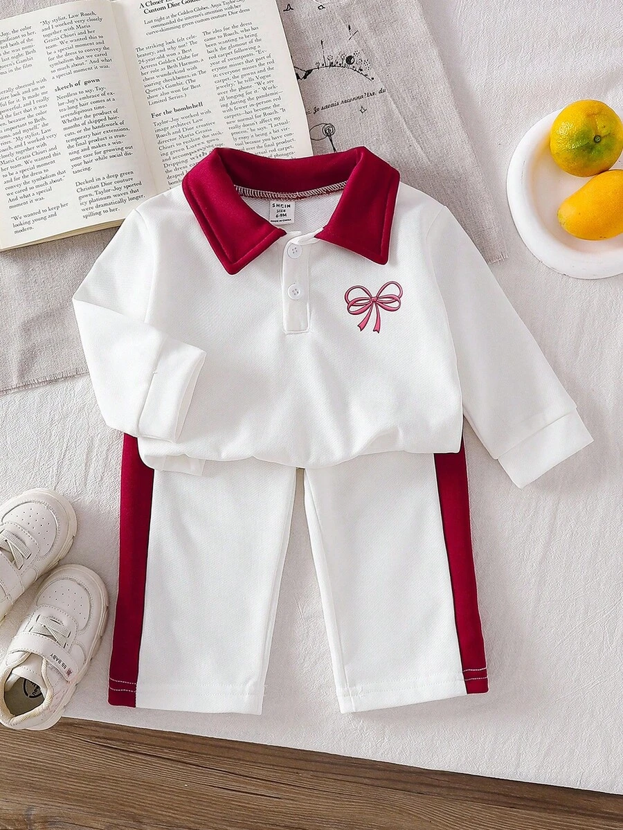 SHEIN 2件套女婴春秋长袖针织白色上衣+休闲裤套装 - 白色 - 查看 1