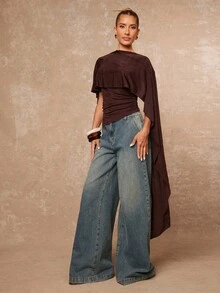 Lumalex Fall Winter Gathering Party Banquet Modest Old Money Coquette Glitter Holiday Party Rave Festival Outing Vacation Hot Outdoor Richly Layered Wedding Season Banquet Coming Of Age Ceremony Asymmetric Neck Ruched Fitted Women Blouse,Brown Top ID Al-Adha Al-Adha Party - Coffee Brown - View 2