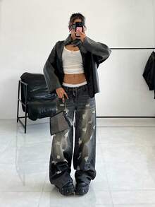 SHEIN HypeZone 时尚百搭复古美式破洞牛仔裤 - 黑色 - 查看 5