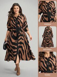 Comfylo Damen Große Größen Zebra-Muster Langarm Einreiher Lässig Hemdblusenkleid - Verschiedenfarbig - Übersicht 1