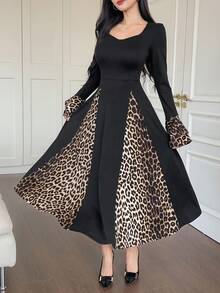 DAZY Women's Elegant Animal Print Patchwork Ruffle Sleeve Mid-Length Dress, Autumn Leopard Print Dress - Black - View 3