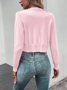 SHEIN LUNE 女式纯色V领插肩袖短款休闲开衫 - 淺粉色 - 查看 2
