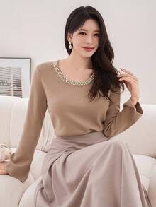 DAZY Suéter de cuello redondo con cuentas para mujer, otoño