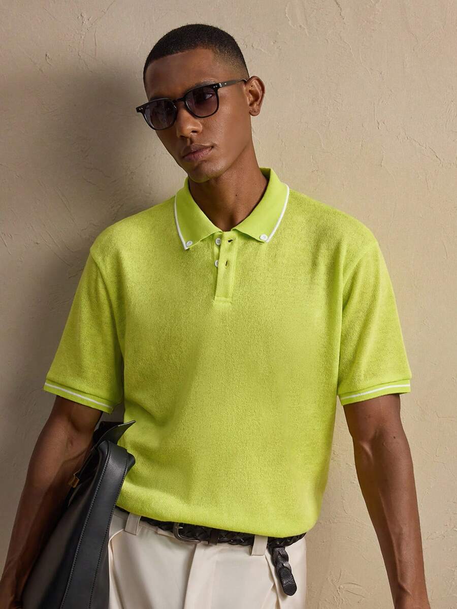 AKNOTIC Business Casual Men's Casual Commuter Contrast Collar Short Sleeve Polo Shirt - Mustard Yellow - View 1