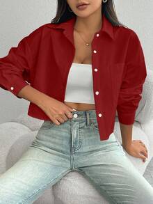 SHEIN Luminelle Áo sơ mi dáng rộng tay dài, đơn hàng khuy, vai trễ màu trơn dành cho nữ - Màu Đỏ Sâu - Xem 4