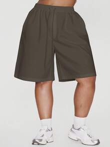 MUSERA 大码长款系带腰部慢跑短裤，适合度假、夏季、假日、优雅休闲的复活节穿着 - 卡其色 - 查看 2