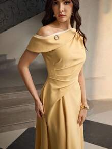 ZEYLAH Contrast Color Metal Buckle Decor Waist Midi Dress For Women - Yellow - View 2