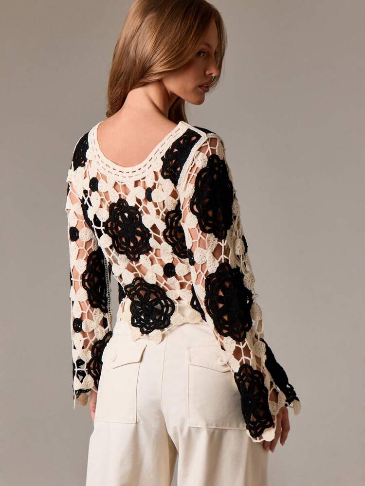 Crochet Floral Mesh Cover Up With Long Sleeves