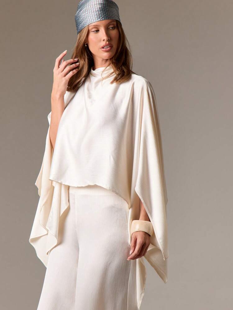High Neck Draped Blouse With Asymmetrical Hem