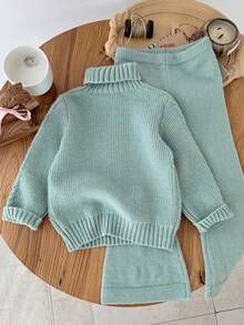 SHEIN Young Girl Cable Pattern Turtleneck Long Sleeve Sweater And Knitted Pants Casual Set, Autumn/Winter Fall - Green - View 2