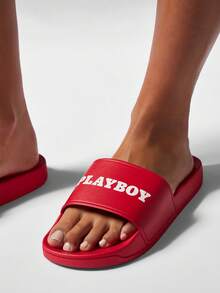 Missguided x Playboy 一脚蹬泳池拖鞋夏季沙滩拖鞋室内室外泳池浴室淋浴凉鞋防滑舒适鞋 - 紅色 - 查看 2