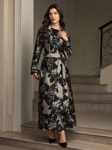 ZEYLAH 女士花卉提花面料翻领长袖优雅风衣 - 黑與白 - 查看 1