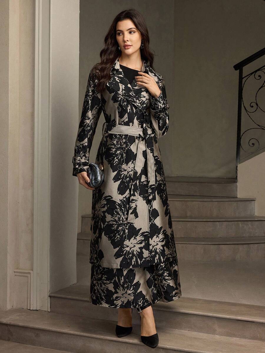 ZEYLAH 女士花卉提花面料翻领长袖优雅风衣 - 黑與白 - 查看 1