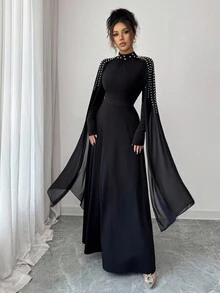 Elenzga 高端奢华中东女士时尚优雅立领百褶连衣裙 - 黑色 - 查看 4