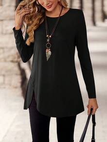 EMERY ROSE 简约纯色休闲圆领长袖女式T恤 - 黑色 - 查看 5