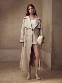 MOTF PREMIUM 优雅腰部收紧褶饰下摆拼接风衣，卡其色简约时尚 - 卡其色 - 查看 6