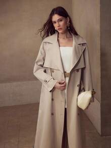 MOTF PREMIUM 优雅腰部收紧褶饰下摆拼接风衣，卡其色简约时尚 - 卡其色 - 查看 7