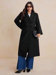 Dazy Plus Double-Breasted Solid Color Lapel Collar Long Fitted Long Sleeve Plus Size Women Casual Commuter Jacket Fall/Winter Women Coats - Black - View 7