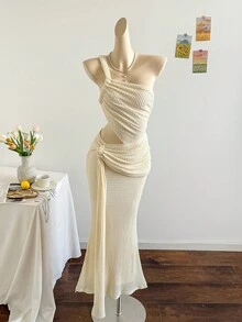 Soleia 女式纯色无袖腰部镂空褶饰性感连衣裙 - 杏色 - 查看 4