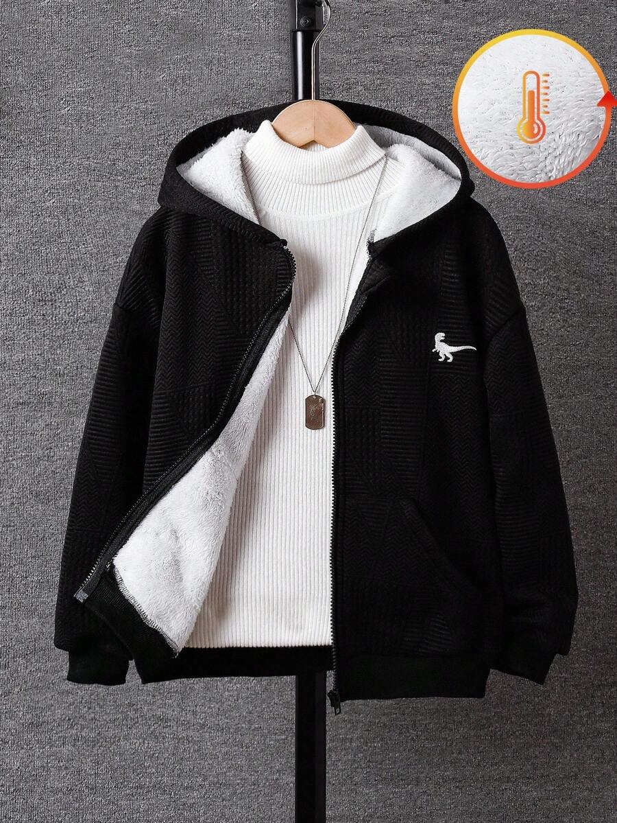 一件男童针织纹理面料内衬抓绒外套，保暖舒适，休闲百搭，适合秋冬季、开学季和圣诞节等场合。