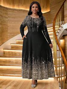 SHEIN Lady Black Autumn Elegant Formal Dinner Evening Plus Size Dress For Women,Flared Long Sleeve Crew Neck Party Wedding Guest Cocktail Dress,Halloween Outfits - Multicolor - View 3