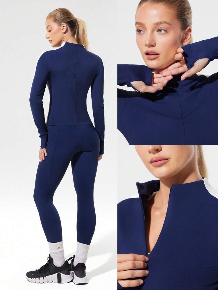 Slim Fit Warm Hip Length 1/4 Zip Knit Long-Sleeve Top With Thumbholes Running Jogging Hiking Gym Training Daily Active Wear Sweat-Wicking