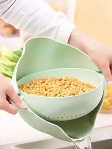 SHEIN A Double-Layer Fruit And Vegetable Washing Basin For Household Kitchen, A Rotatable Filter Basket For Washing Vegetables, A Draining Basket For Draining Water Without Dropping, And A Household Fruit Plate For Living Room - Multicolor - View 3