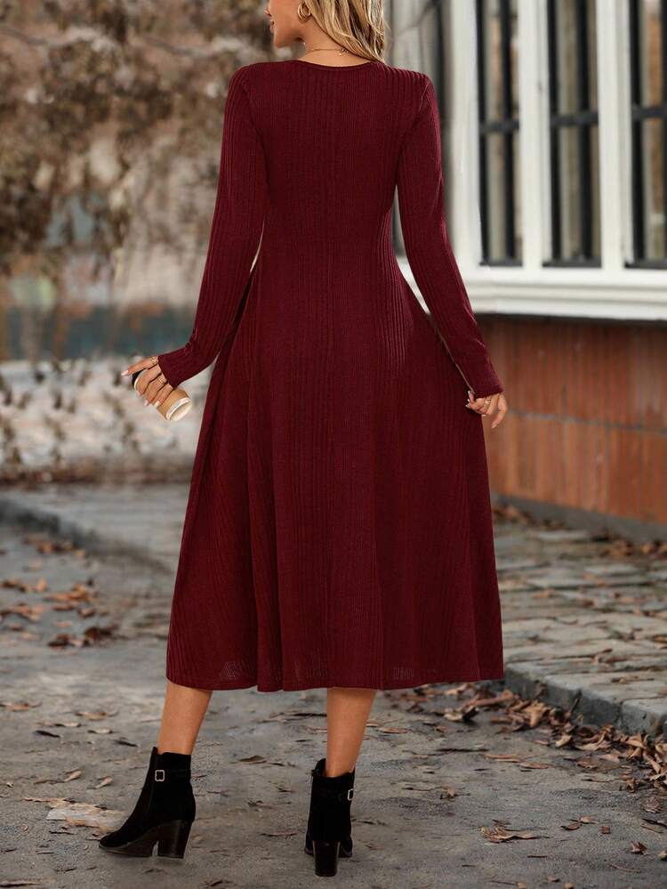 Vestido Casual de Manga Longa com Gola Redonda e Costela, Médio, Cor Sólida, Outono