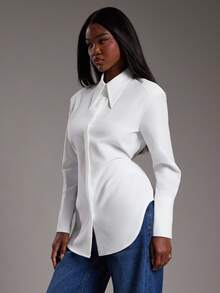 NYA SZN Long Sleeve Button Up Collar Loose Oversized Everyday Casual Business School Workwear Casual Streetwear Church Modest Elegant White Summer Fall - White - View 5