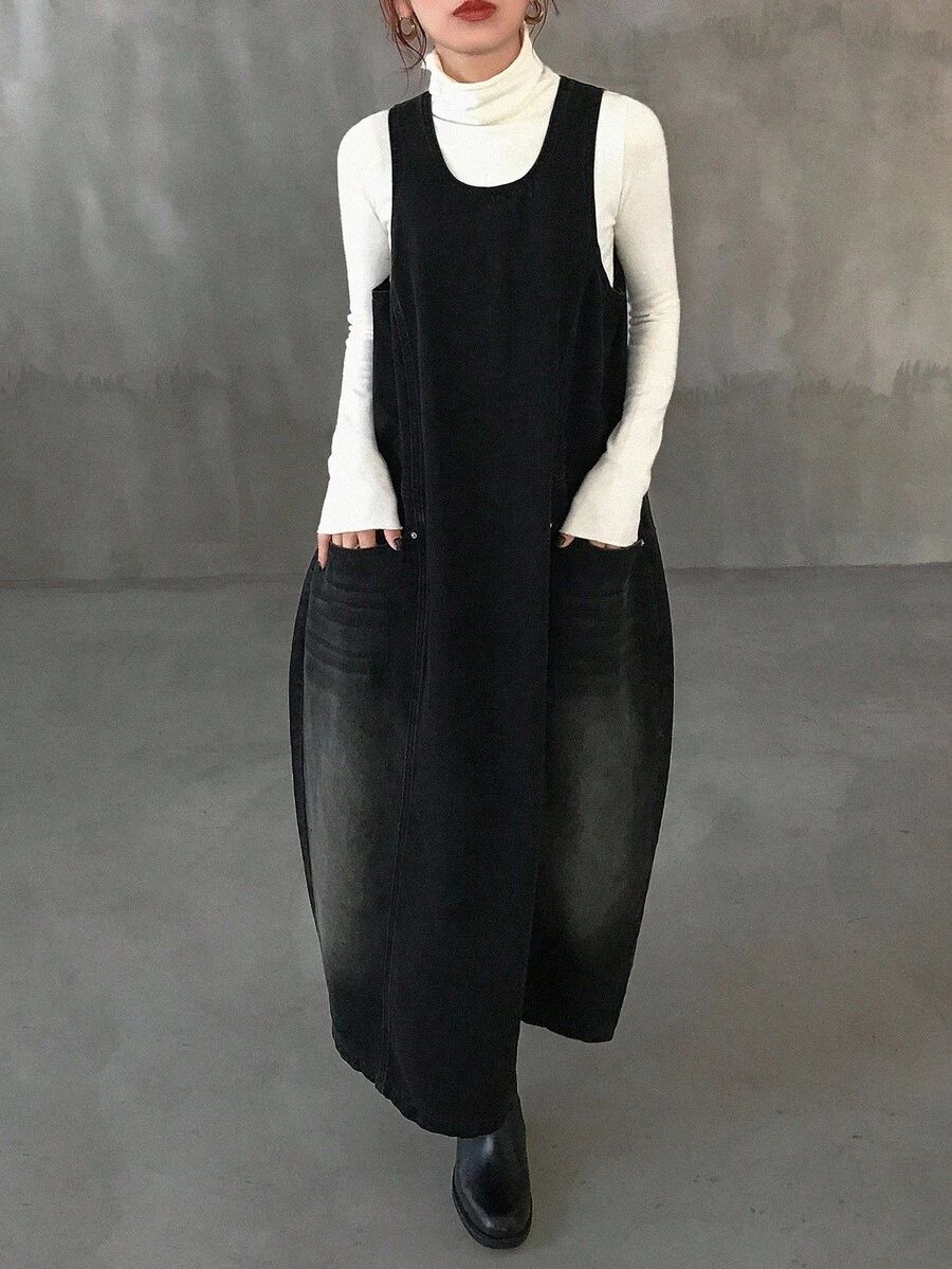 FRIFUL 女式休闲宽松牛仔双口袋连衣裙 - 藍色 - 查看 1