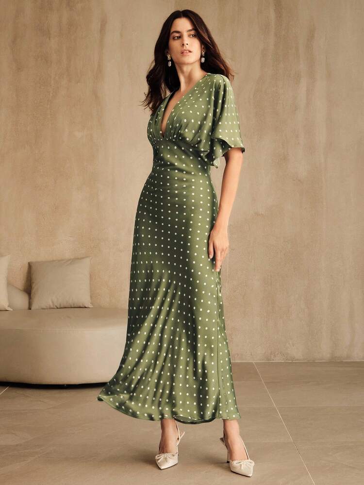 green polka dot tea dress Anewsta Green Polka Dot Summer Elegant Tea Party French Shoulder Ruched  V-Neck High Waist Fitted Midi Dress,Wedding Guest Formal Party Christmas  Graduation