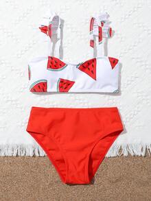 SHEIN Conjunto de bikini con estampado de sandía y ribete con volantes para niña preadolescente, verano playa - Rojo - Ver 6
