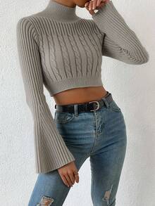 EURMUSE Cable Knit Mock Neck Flare Sleeve Crop Sweater - Dark Grey - View 5