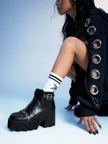 Sugerpunk Giày bốt cao gót đế vuông phong cách Gothic, khóa kim loại, đế PU màu đen, thích hợp cho tiệc tùng, mặc hàng ngày, mặc váy dạ hội, tăng chiều cao và kéo dài chân - màu đen - Xem 6