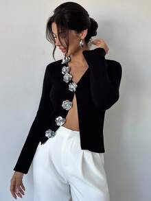 Firerie Women's Elegant Party 3D Floral Graduation Sweater Top, Neck Solid Color Knitted Cardigan,Halloween Costumes ,Wedding Guest For Women Autumn/Winter,Fall Clothes For Women,Knit Sweater, Comfortable & Elegant, Suitable For Dating, Casual, Travel In Autumn/Winter,Festival Party Outfits For Women Black Cardigan Cropped Cardigan