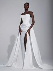 Elitara Elegant Minimalist Heavy-Duty Version Of The Double-Layer Neckline Structure Tummy Pleated Long Skirt, Heavy-Duty Wedding Dress, Evening Dress, Autumn Dress, Robe, Net Dress