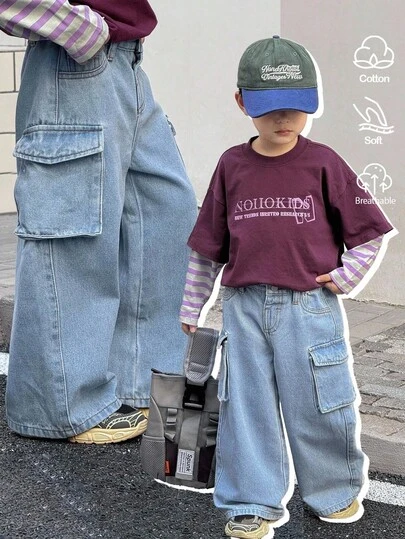SHEIN 小男孩休闲蓝色牛仔宽松工装裤