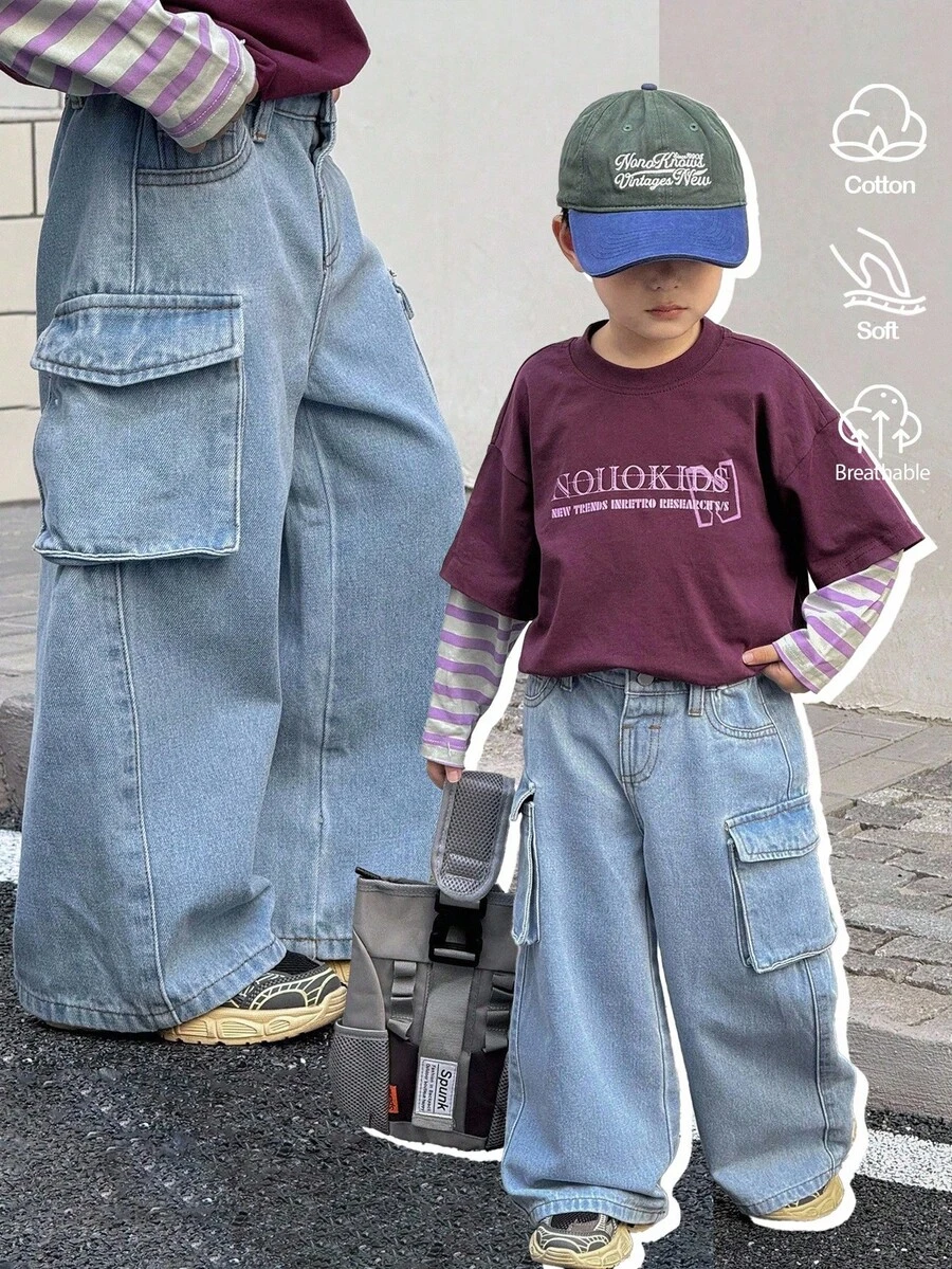 SHEIN 小男孩休闲蓝色牛仔宽松工装裤 - 中等水洗藍 - 查看 1