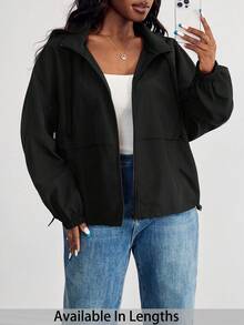 SHEIN PETITE CURVE 大码纯色前拉链长袖休闲连帽防晒轻便夹克 - 黑色 - 查看 1