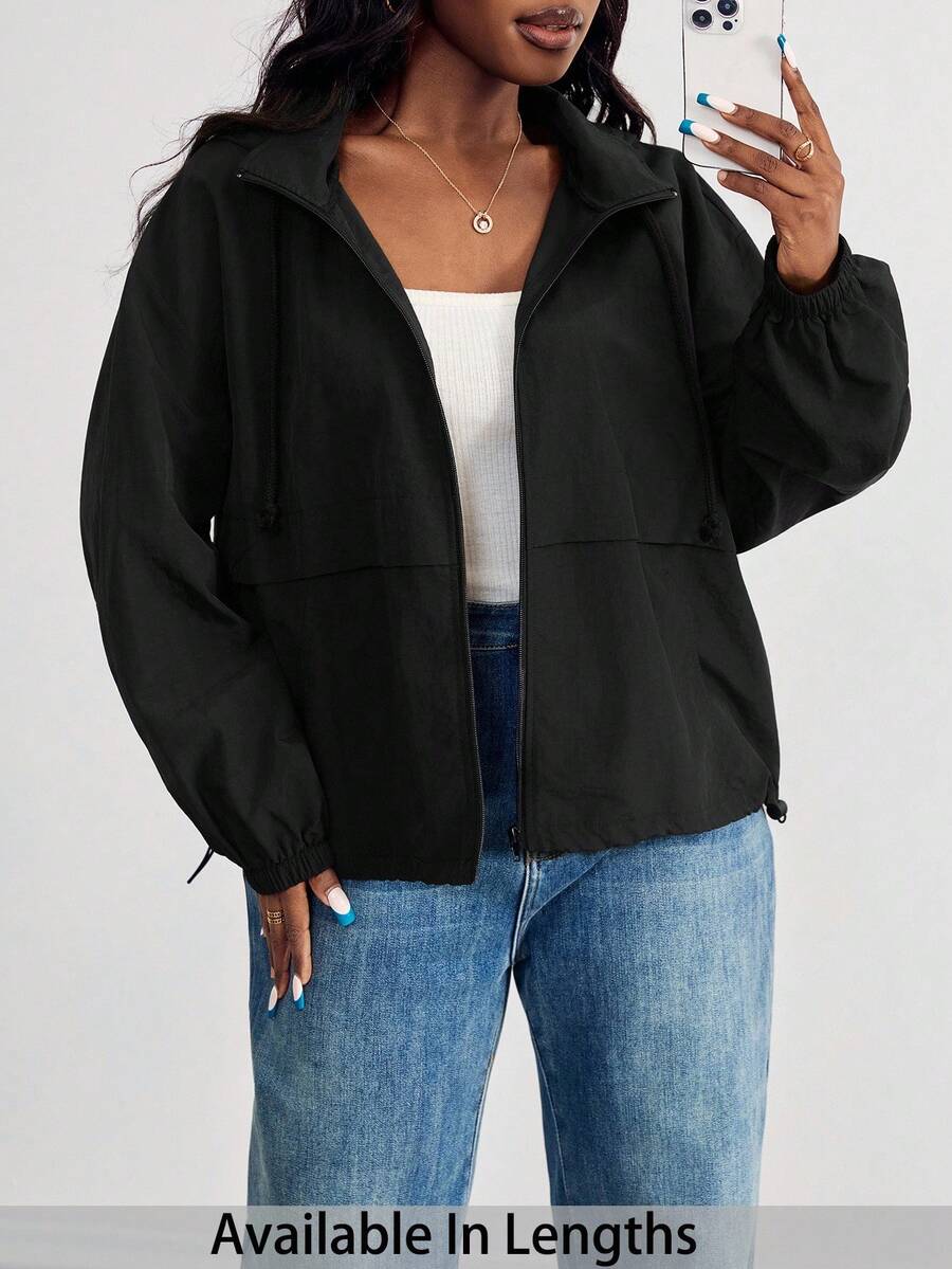 SHEIN PETITE CURVE 大码纯色前拉链长袖休闲连帽防晒轻便夹克 - 黑色 - 查看 1