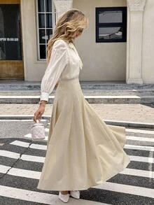 SHEIN Frenchy Chân váy midi xếp ly thanh lịch cạp cao màu trơn dành cho nữ, mùa thu - Màu be - Xem 4