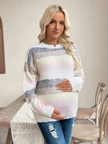 SHEIN Maternity Drop Shoulder Striped Casual Knit Pullover Sweater - Multicolor - View 3