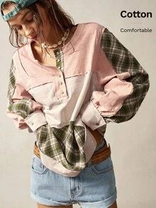 Bohemela Sudadera de manga larga con parches, desgastada y vintage, talla grande, para mujeres en otoño e invierno - Multicolor - Ver 2