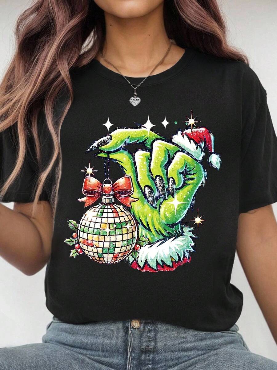 EMERY ROSE Plus Size Women's Casual Black Summer T-Shirt,Everyday Round Neck Short Sleeve Top,Hand-Painted Christmas Hat Bow&Ball Pattern,Cartoon Style Gifts - Black - View 1