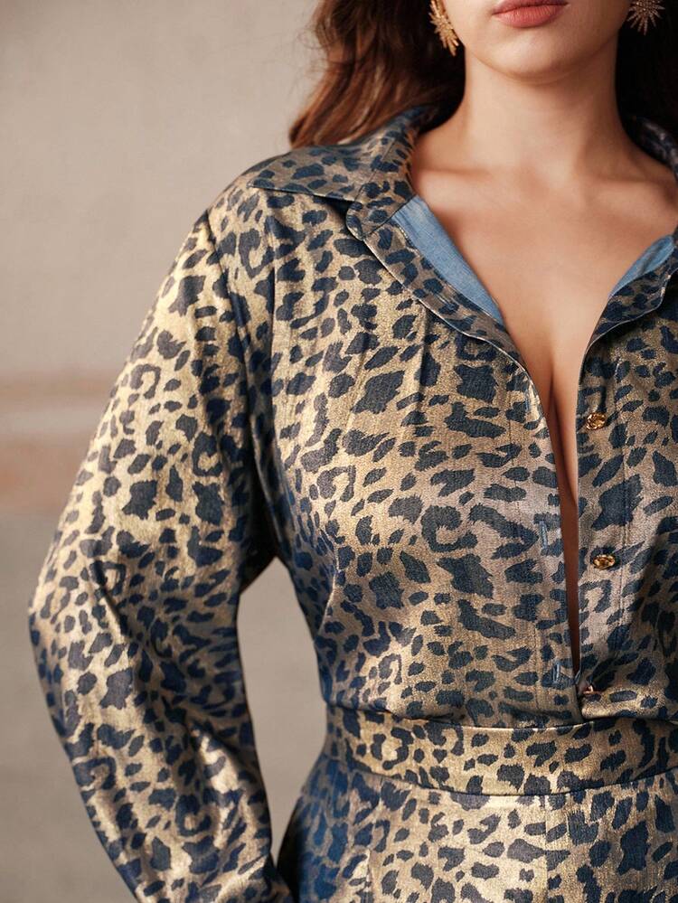 Plus Size Women's Autumn/Winter New Stylish Vintage Elegant Fashion Casual Comfortable Blue Leopard Print Lapel Loose Long Sleeve Blouse, Suitable For Dates, Parties, Halloween, Christmas