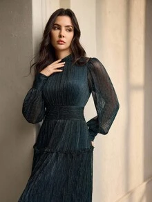 ZEYLAH 女式立领长袖亮面褶腰A字连衣裙，优雅秋冬装 - 藍色 - 查看 2